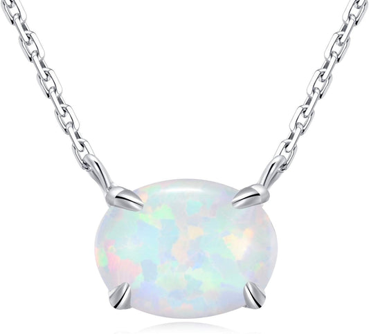 Sterling Silver Opal Necklace, 925 Sterling Silver & 14K White Gold Plating, October Birthstone Necklace, Small Oval Opal Jewelry for Women, Gemstone Necklace, Simple Necklace