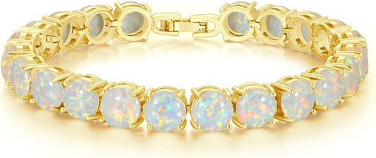 Created Blue White Fire Opal/Mystic Clear Crystal Bracelets for Women 18K White Gold Plated Big round or Oval Shape Gems Bracelet Jewelry Gifts