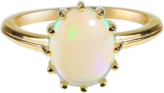 8X10 MM ring with beautiful white opal, 14K Gold over 925 Silver Ring