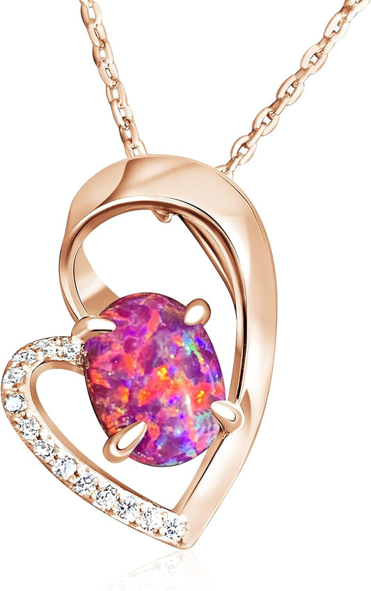 Hearts Art Australia| Jewellery Gifts for Women| Modern Fire Opal Heart Pendant| 45-50Cm Sterling Silver Chain|9X7Mm Created Opal Necklace| Wedding Anniversary Birthday Gift Girl