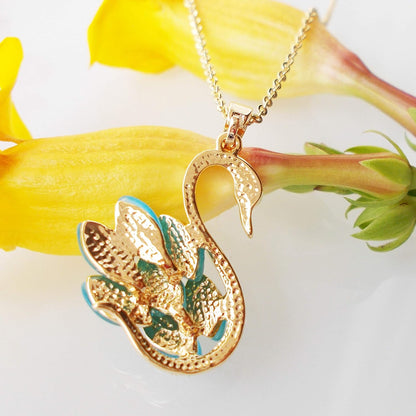 18K Yellow Gold Plated Swan Bird Opal Crystal Pendant Necklace 16"+2"