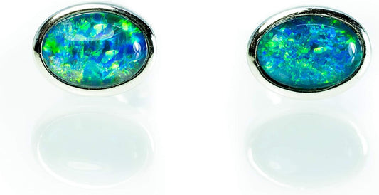 Genuine Opal Earrings - Australian Triplets Opal Earrings Stud - White Gold Plated on Sterling Silver - Women's opal Jewellery