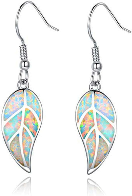 18K White Gold Plated Leaf Opal Dangle Drop Earrings for Women Teen Girls Hypoallergenic Opal Jewelry Gift