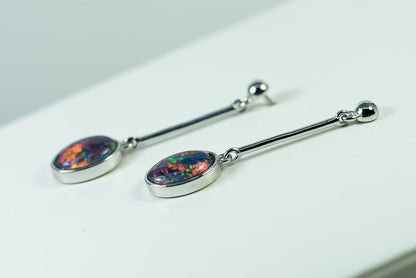 GENUINE Opal Earrings - Fire Opal - Australian Triplet Opal Drop Earring in Sterling Silver White Gold Plated Women'S Jewellery