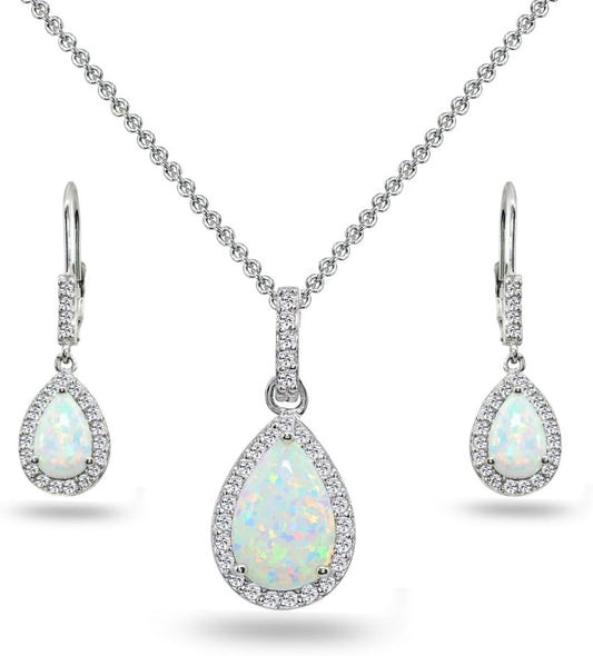 Sterling Silver Genuine, Created or Simulated Gem Teardrop Halo Dangling Necklace & Lever back Earrings