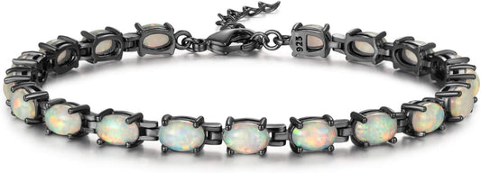 Opal Tennis Bracelet for Women 14K White Gold Plated Adjustable Oval Shape Gemstone Bracelet Opal Jewelry