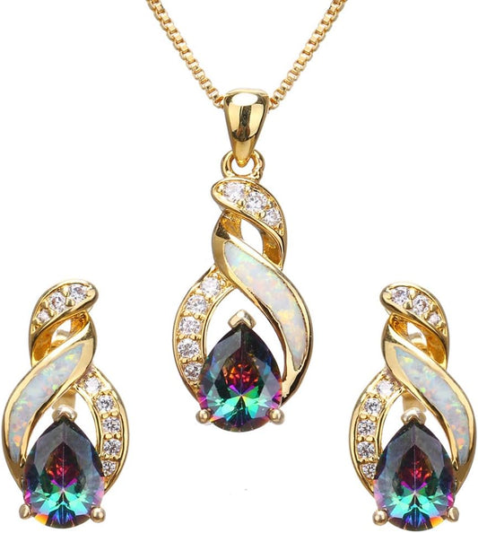 Birthstone Jewelry Set Created Opal Topaz Sapphire Halo Pendant Necklace and Stud Earrings 18K White Gold Plated Women'S Girls Gift