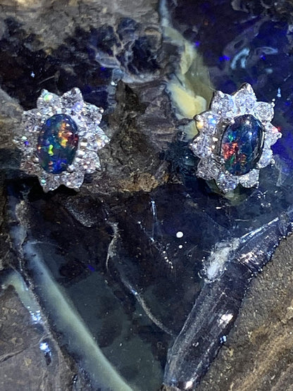 Sterling Silver Australian Opal Triplet 6X4Mm Cluster Earrings with AAA Cubic Zirconia's