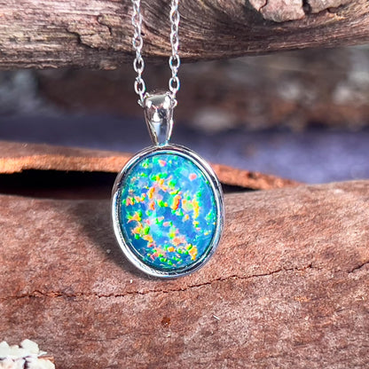 Australian opal Sterling Silver Necklace Bezel 12X10Mm Created Opal 