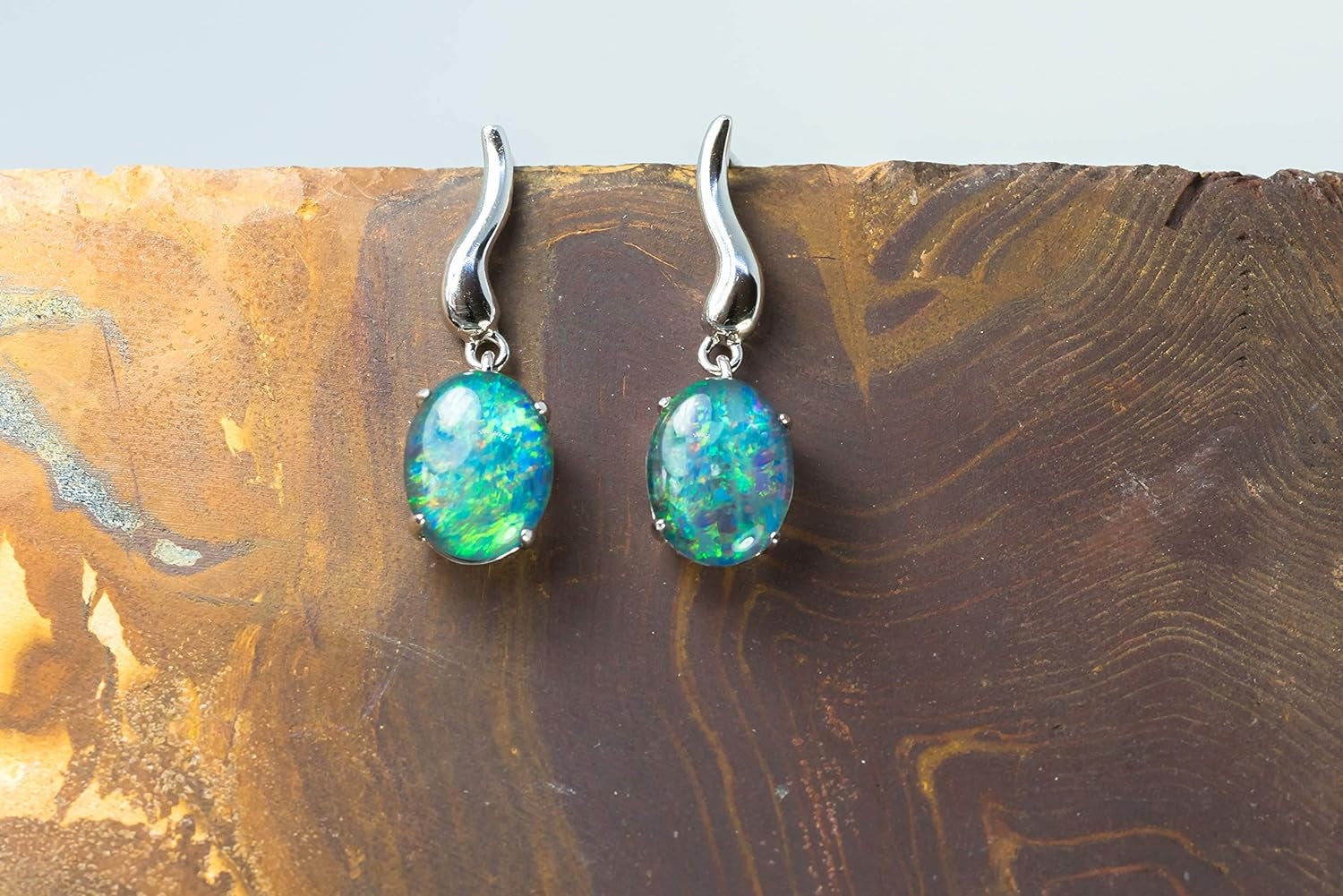 GENUINE Opal Earrings - Fire Opal - Australian Triplet Opal Earring in Sterling Silver White Gold Plated Women'S Jewellery