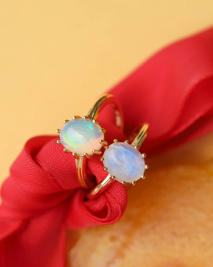 8X10 MM ring with beautiful white opal, 14K Gold over 925 Silver Ring