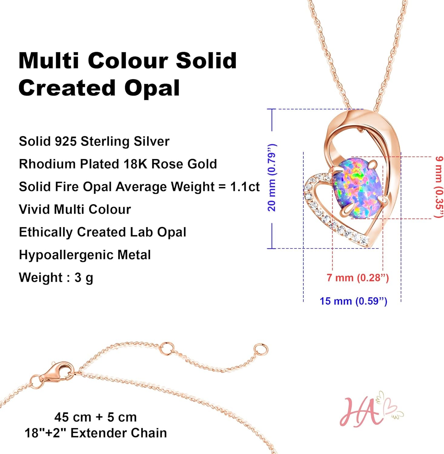 Hearts Art Australia| Jewellery Gifts for Women| Modern Fire Opal Heart Pendant| 45-50Cm Sterling Silver Chain|9X7Mm Created Opal Necklace| Wedding Anniversary Birthday Gift Girl