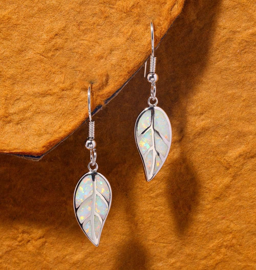 18K White Gold Plated Leaf Opal Dangle Drop Earrings for Women Teen Girls Hypoallergenic Opal Jewelry Gift