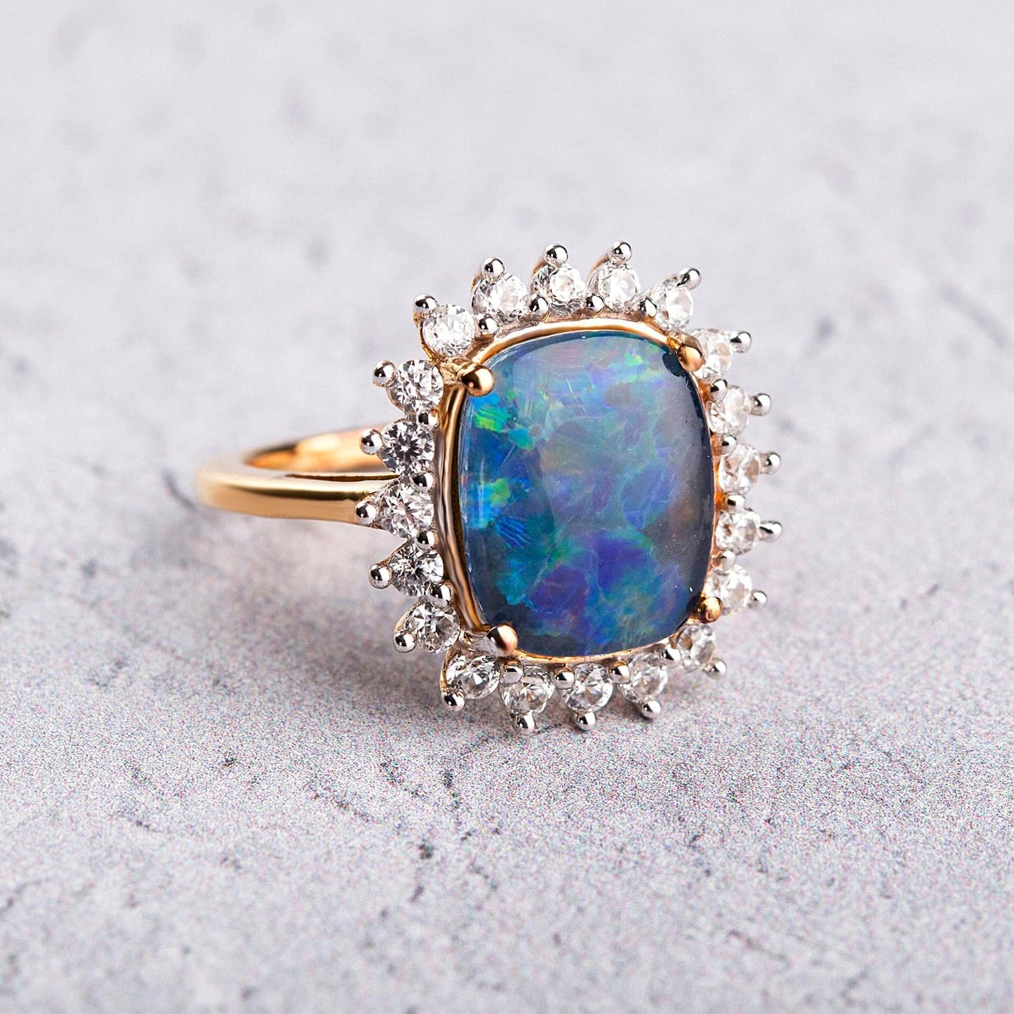 Opal Halo Engagement Ring for Women in 14K Gold Plated 925 Sterling Silver Opal Jewellery for Women, Wedding Rings, October Birthstone Available Sizes J-V