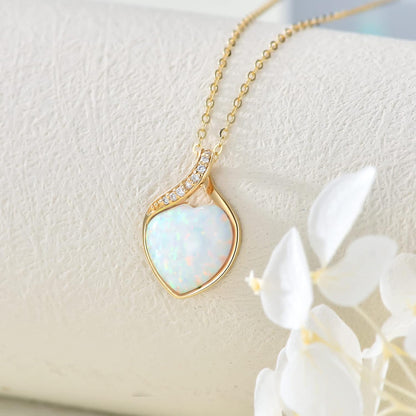 14K Solid Gold White Opal Necklace, Opal Jewellery, Genuine Diamonds