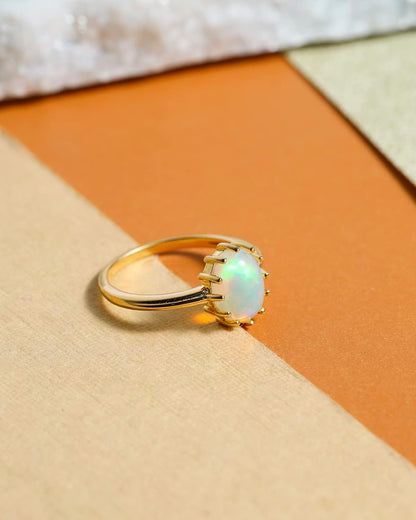 8X10 MM ring with beautiful white opal, 14K Gold over 925 Silver Ring