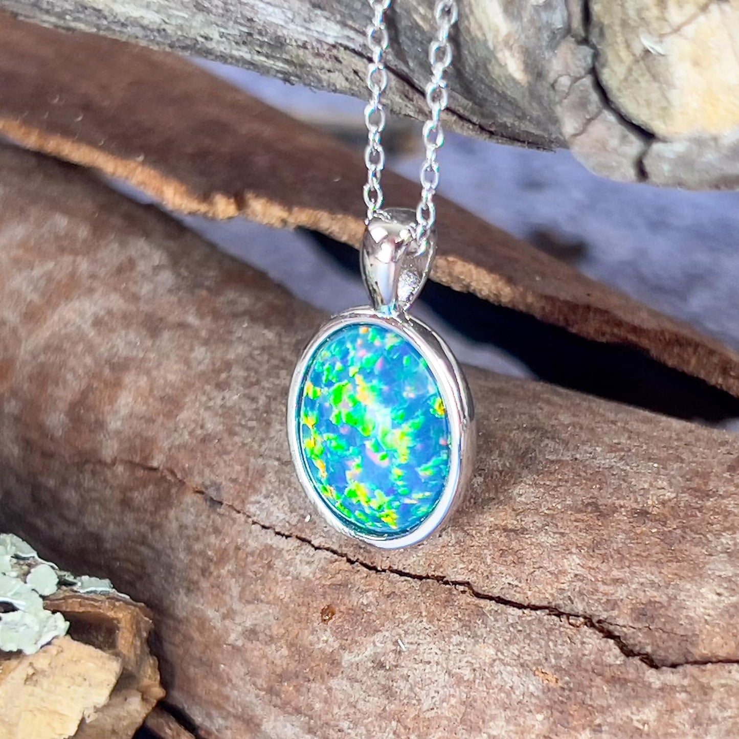 Australian opal Sterling Silver Necklace Bezel 12X10Mm Created Opal 