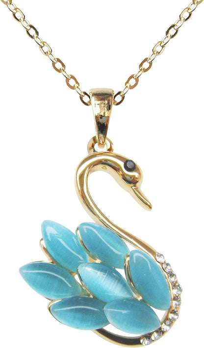 18K Yellow Gold Plated Swan Bird Opal Crystal Pendant Necklace 16"+2"