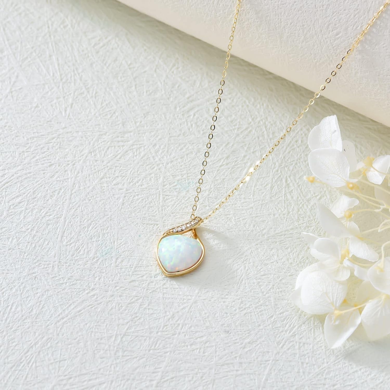 14K Solid Gold White Opal Necklace, Opal Jewellery, Genuine Diamonds