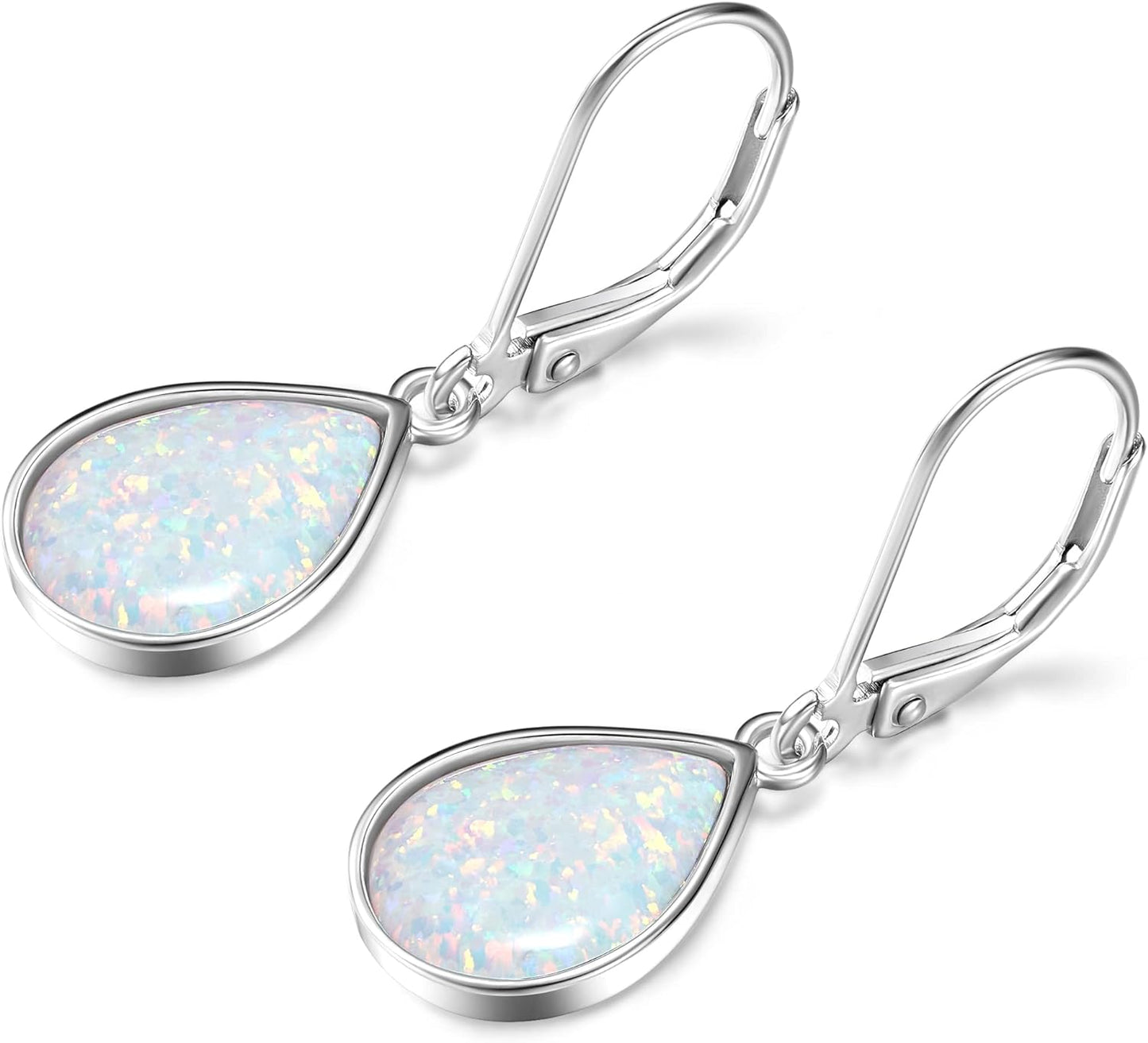 Dangle Earrings for Women Opal: 925 Sterling Silver Leverback Earrings Opal Teardrop Created Drop Opal Earrings for Girls October Birthstone Opal Jewelry Mothers Day Gifts for Mom Valentines Christmas Birthday Jewelry Gifts for Wife Grandma Girlfriend