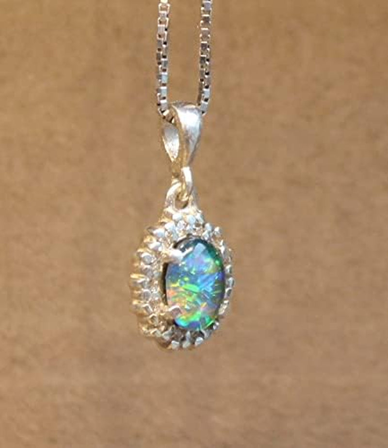 Silver Opal Jewellery for Women Halo Opal Triplet 7X5Mm Oval Silver Pendant Opal Necklace Sterling Silver Necklace Chain 45-50Cm Birthstone