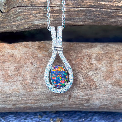 Sterling Silver Drop Style Cluster Pendant with Created Solid Fire Opal and Cubic Zirconia's