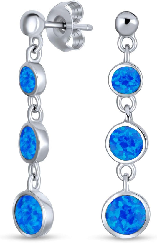 Geometric Gemstone Double Strand, Blue Fire Circle Opal Waterfall Dangle Earrings for Women Gold Plated .925 Sterling Silver