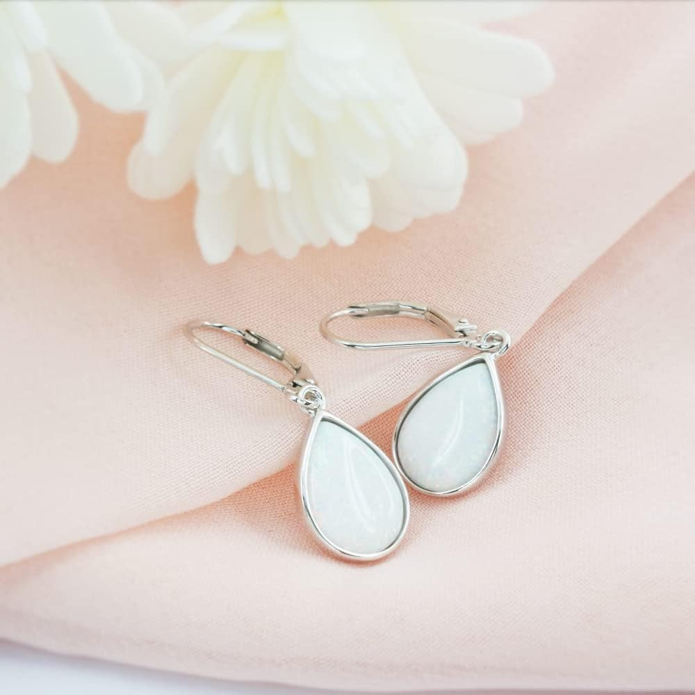 Dangle Earrings for Women Opal: 925 Sterling Silver Leverback Earrings Opal Teardrop Created Drop Opal Earrings for Girls October Birthstone Opal Jewelry Mothers Day Gifts for Mom Valentines Christmas Birthday Jewelry Gifts for Wife Grandma Girlfriend