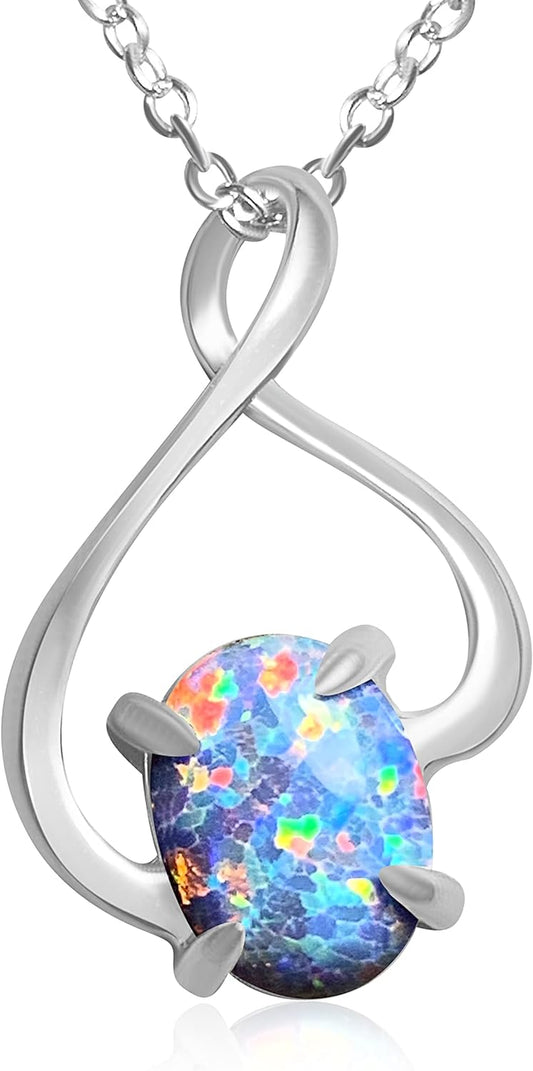 Fire Turquoise Opal Pendant in Modern Loop Infinity Setting, Adjustable 45 to 50Cm Sterling Silver Chain