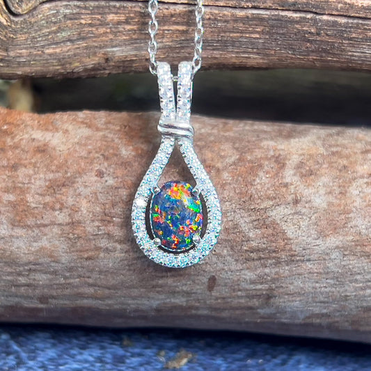 Sterling Silver Drop Style Cluster Pendant with Created Solid Fire Opal and Cubic Zirconia's