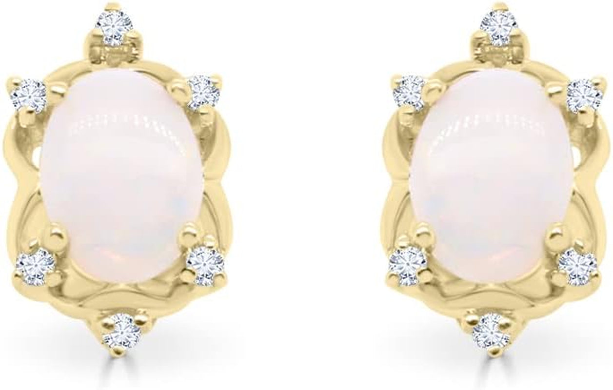 Women'S 10K Yellow Gold Natural Australian Opal Earrings with Diamonds (Oval-Cut) Shaped