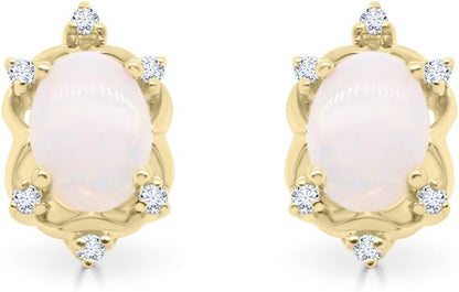 Women'S 10K Yellow Gold Natural Australian Opal Earrings with Diamonds (Oval-Cut) Shaped