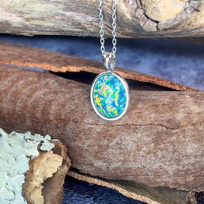 Australian opal Sterling Silver Necklace Bezel 12X10Mm Created Opal 