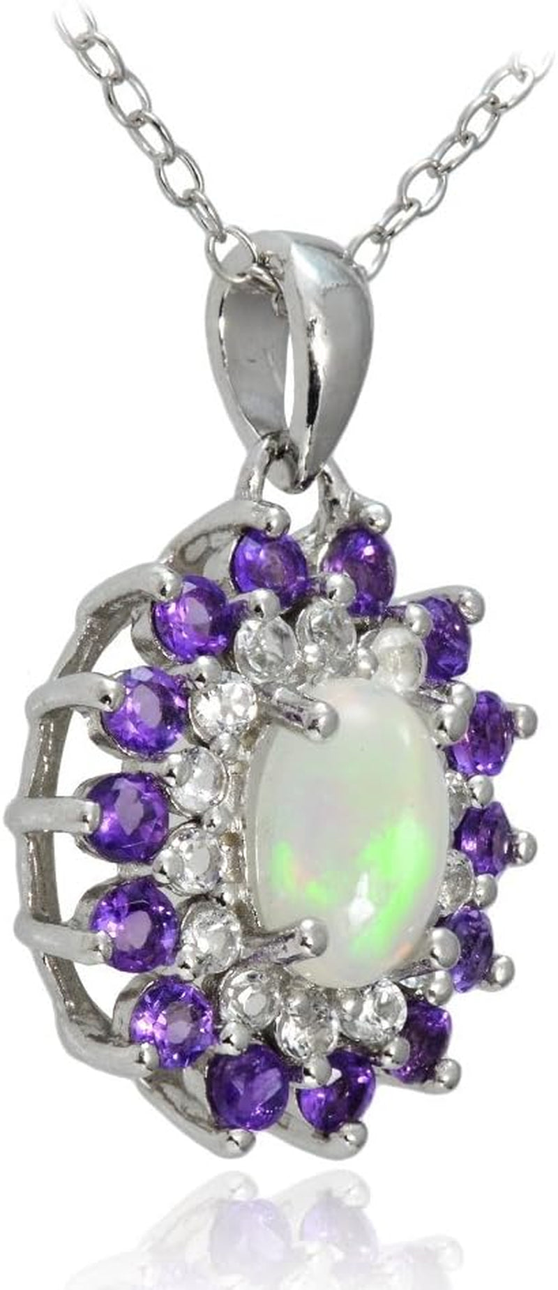 Sterling Silver chain with Opal pendant, African Amethyst & White Topaz Oval Flower Necklace