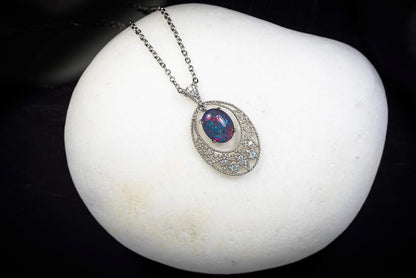 Antique Classic Vintage Design - 10X8Mm Multi Colour Opal - Genuine Australian Triplets Opal Necklace Pendant in Sterling Silver 18K Gold Plated Women'S Opal Jewellery