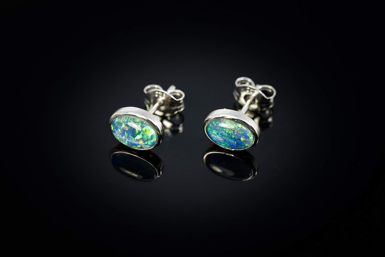 Genuine Opal Earrings - Australian Triplets Opal Earrings Stud - White Gold Plated on Sterling Silver - Women's opal Jewellery