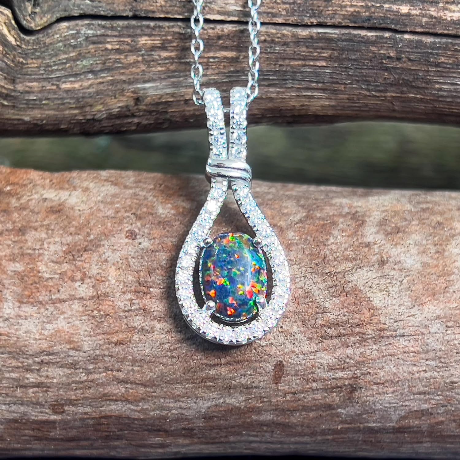 Sterling Silver Drop Style Cluster Pendant with Created Solid Fire Opal and Cubic Zirconia's