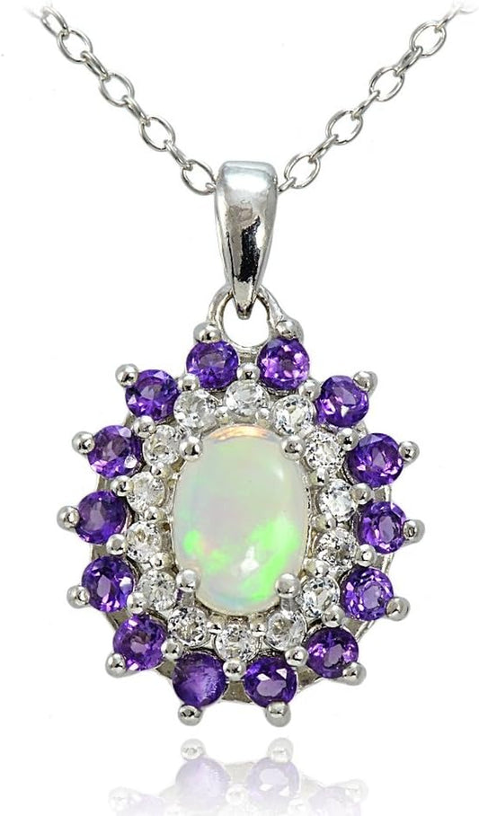 Sterling Silver chain with Opal pendant, African Amethyst & White Topaz Oval Flower Necklace