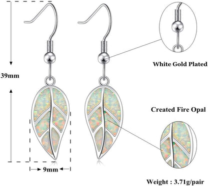 18K White Gold Plated Leaf Opal Dangle Drop Earrings for Women Teen Girls Hypoallergenic Opal Jewelry Gift