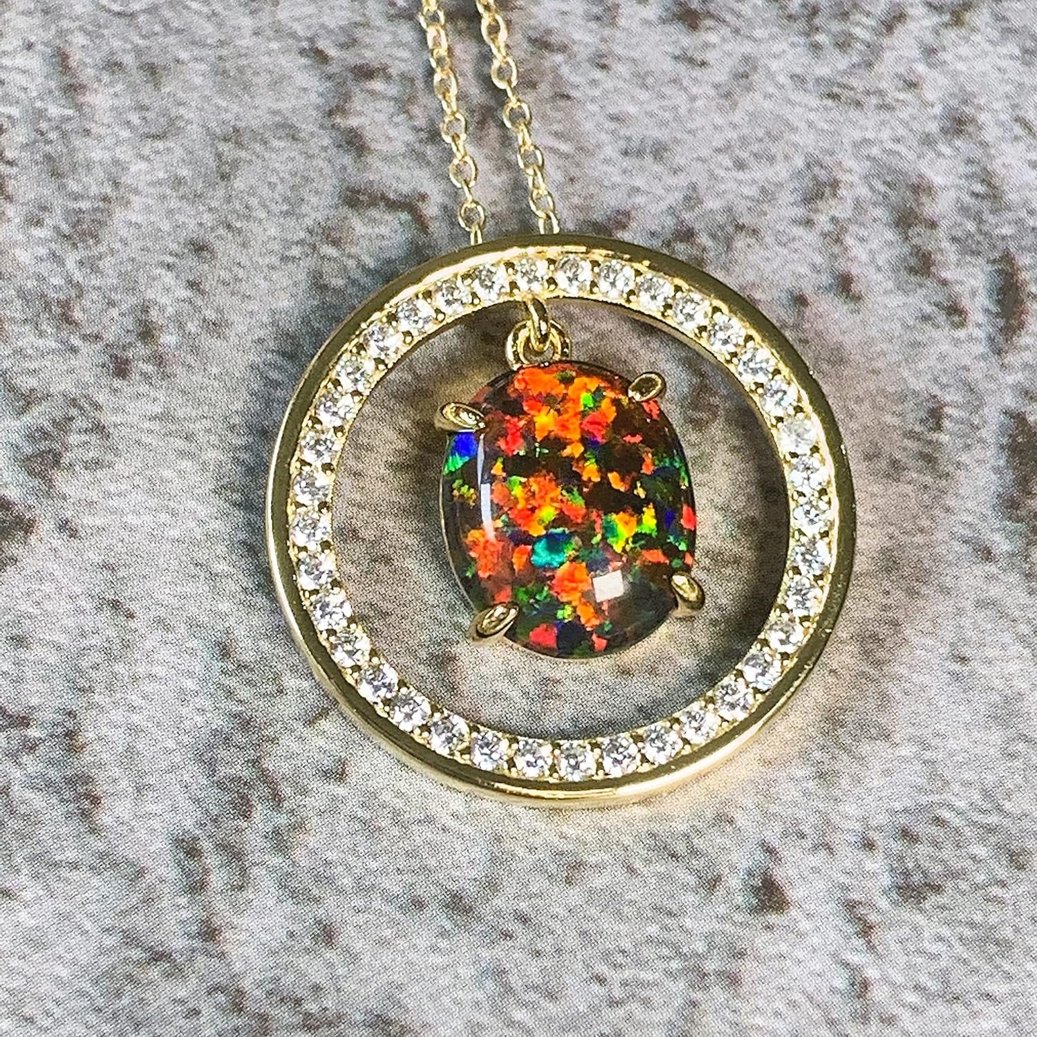 Sterling Silver Circle of Life Style Pendant with Created Solid Fire Opal and Cubic Zirconias, Adjustable Silver Chain