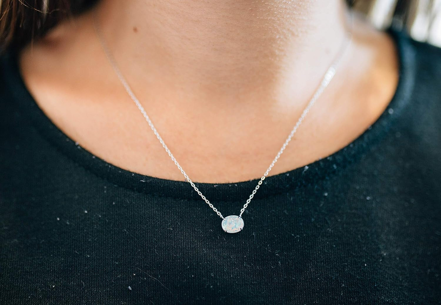 Sterling Silver Opal Necklace, 925 Sterling Silver & 14K White Gold Plating, October Birthstone Necklace, Small Oval Opal Jewelry for Women, Gemstone Necklace, Simple Necklace