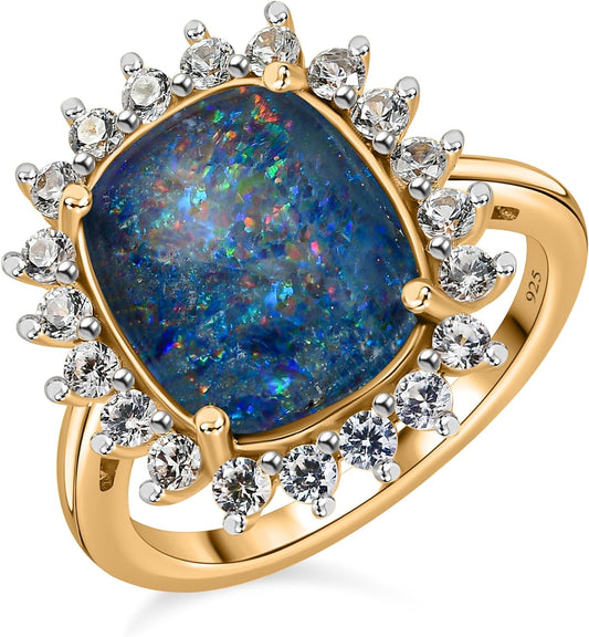 Opal Halo Engagement Ring for Women in 14K Gold Plated 925 Sterling Silver Opal Jewellery for Women, Wedding Rings, October Birthstone Available Sizes J-V