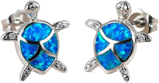 Boho Female Small Sea Turtle Earrings Cute Silver Color Stud Earrings Luxury Blue Opal Stone Wedding Earrings for Women