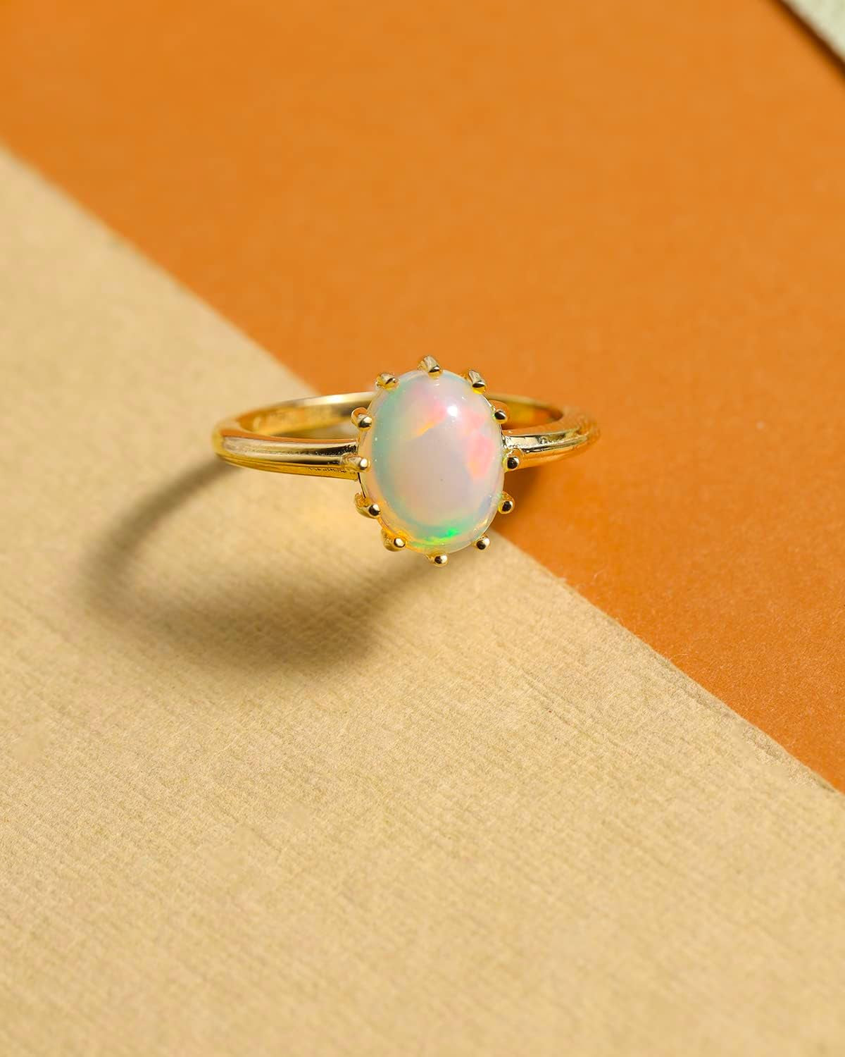 8X10 MM ring with beautiful white opal, 14K Gold over 925 Silver Ring