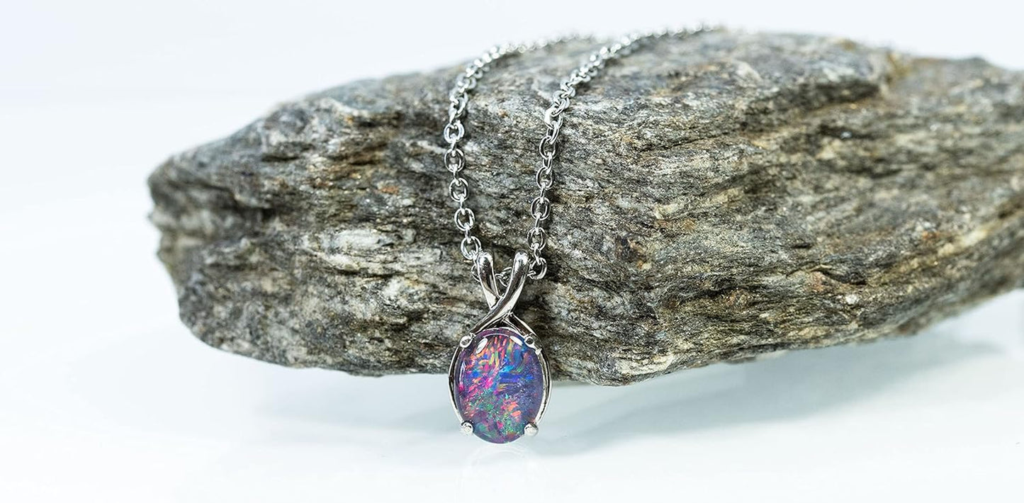 GENUINE Fire Opal - 9X7Mm Australian Triplet Opal Pendant Necklace in Sterling Silver Gold Plated Women'S Opal Jewellery