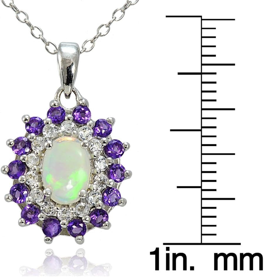 Sterling Silver chain with Opal pendant, African Amethyst & White Topaz Oval Flower Necklace