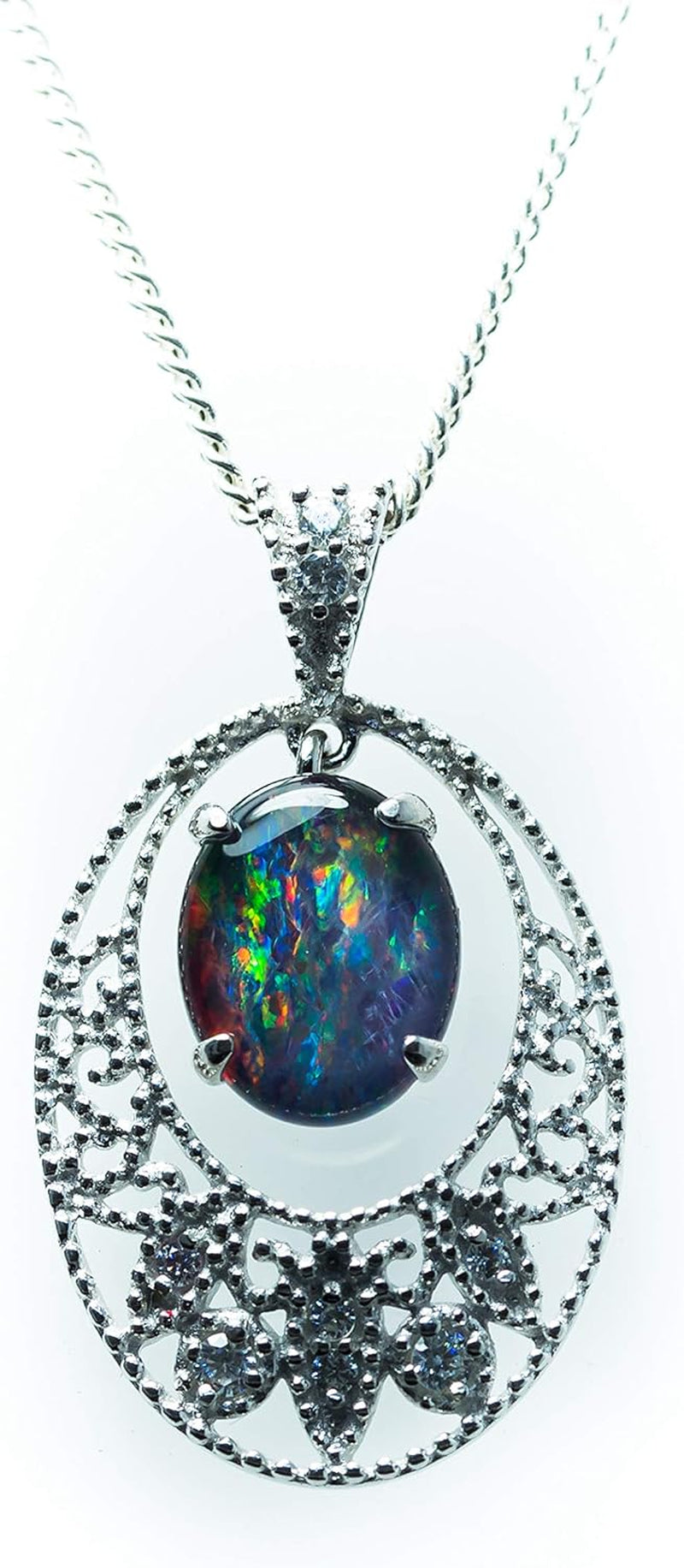 Antique Classic Vintage Design - 10X8Mm Multi Colour Opal - Genuine Australian Triplets Opal Necklace Pendant in Sterling Silver 18K Gold Plated Women'S Opal Jewellery