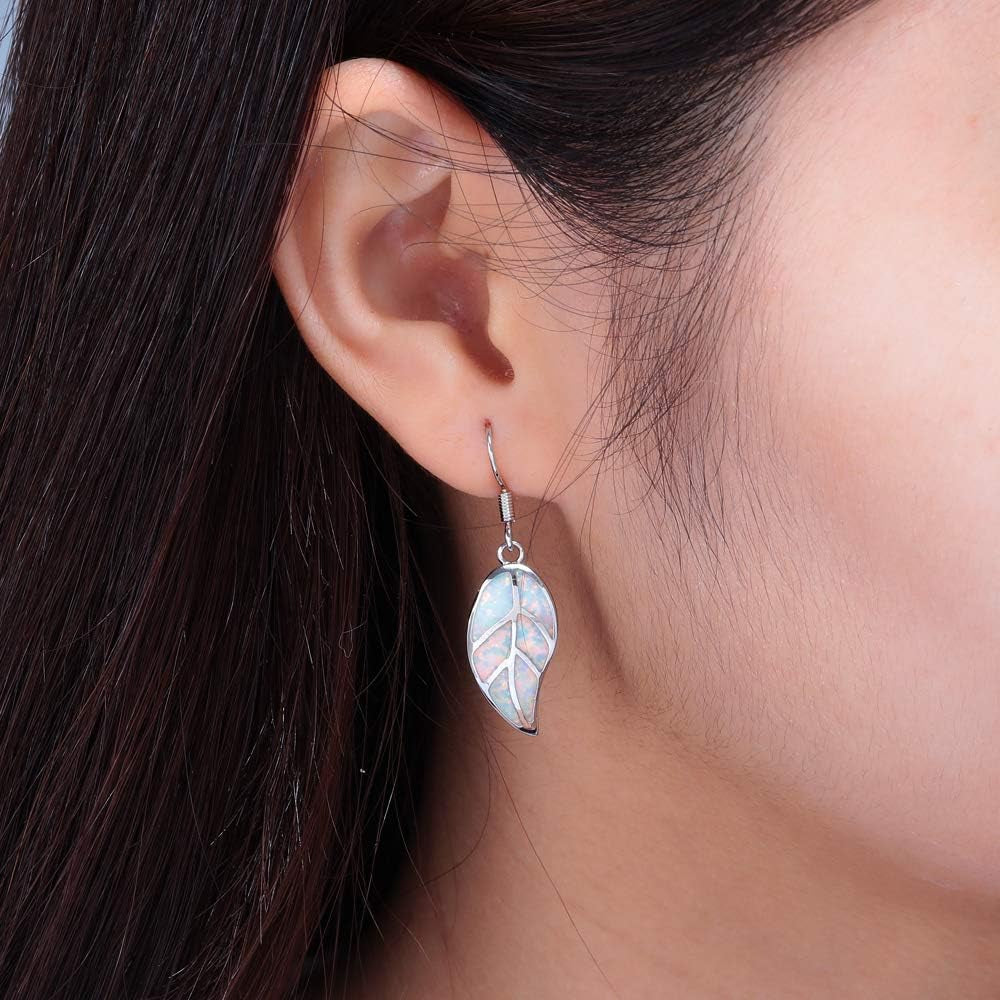 18K White Gold Plated Leaf Opal Dangle Drop Earrings for Women Teen Girls Hypoallergenic Opal Jewelry Gift