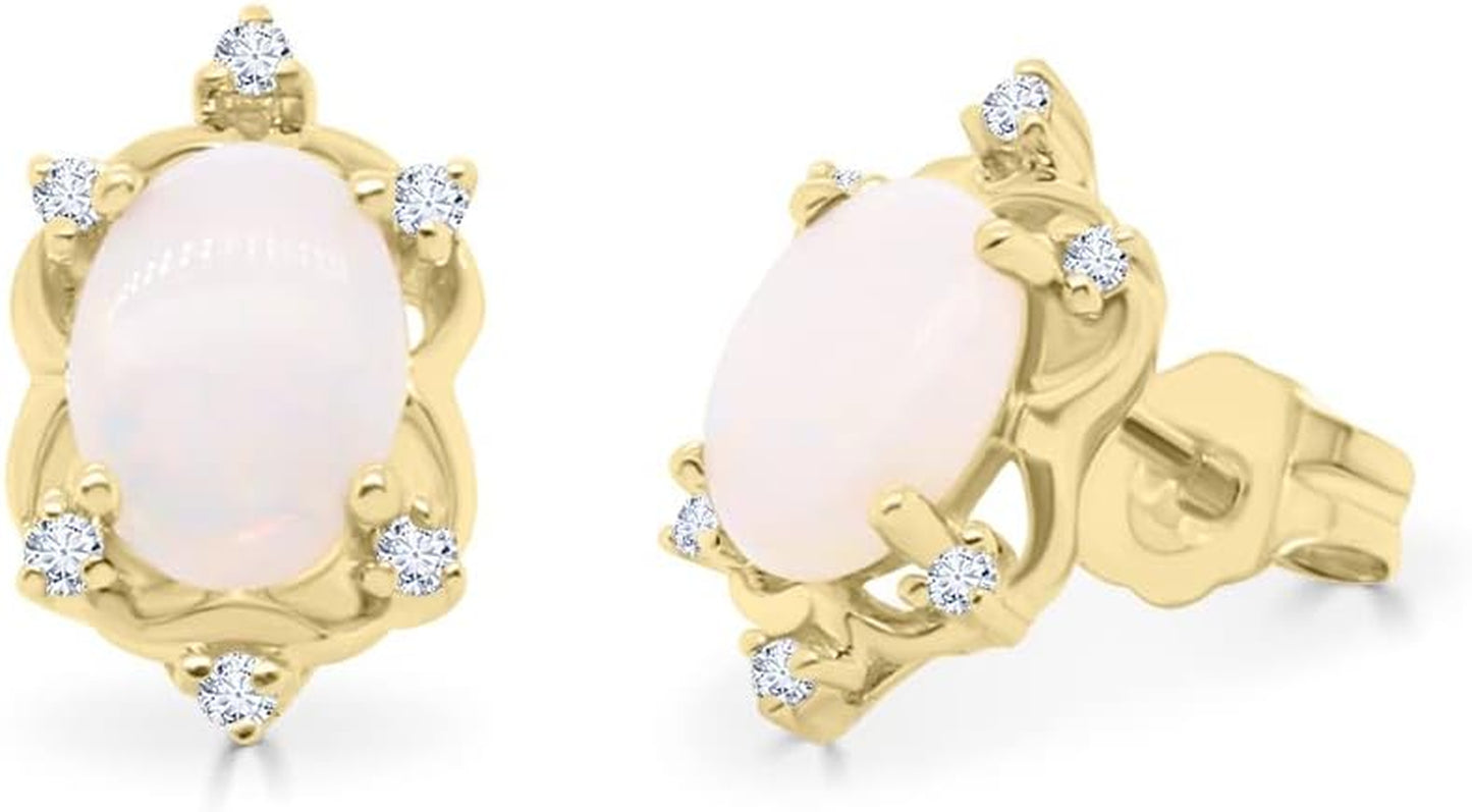 Women'S 10K Yellow Gold Natural Australian Opal Earrings with Diamonds (Oval-Cut) Shaped