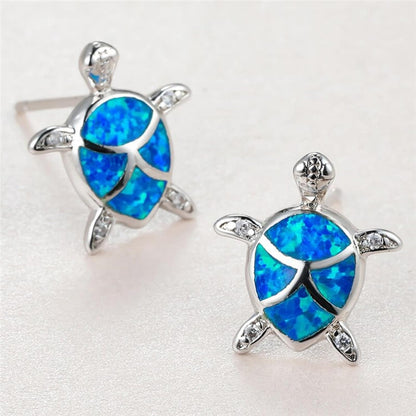 Boho Female Small Sea Turtle Earrings Cute Silver Color Stud Earrings Luxury Blue Opal Stone Wedding Earrings for Women